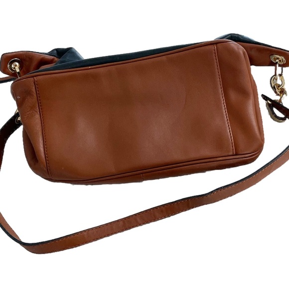 Pour La Victoire Brown & Black Leather Shoulder Bag Crossbody Gold Chain Strap - Picture 6 of 14